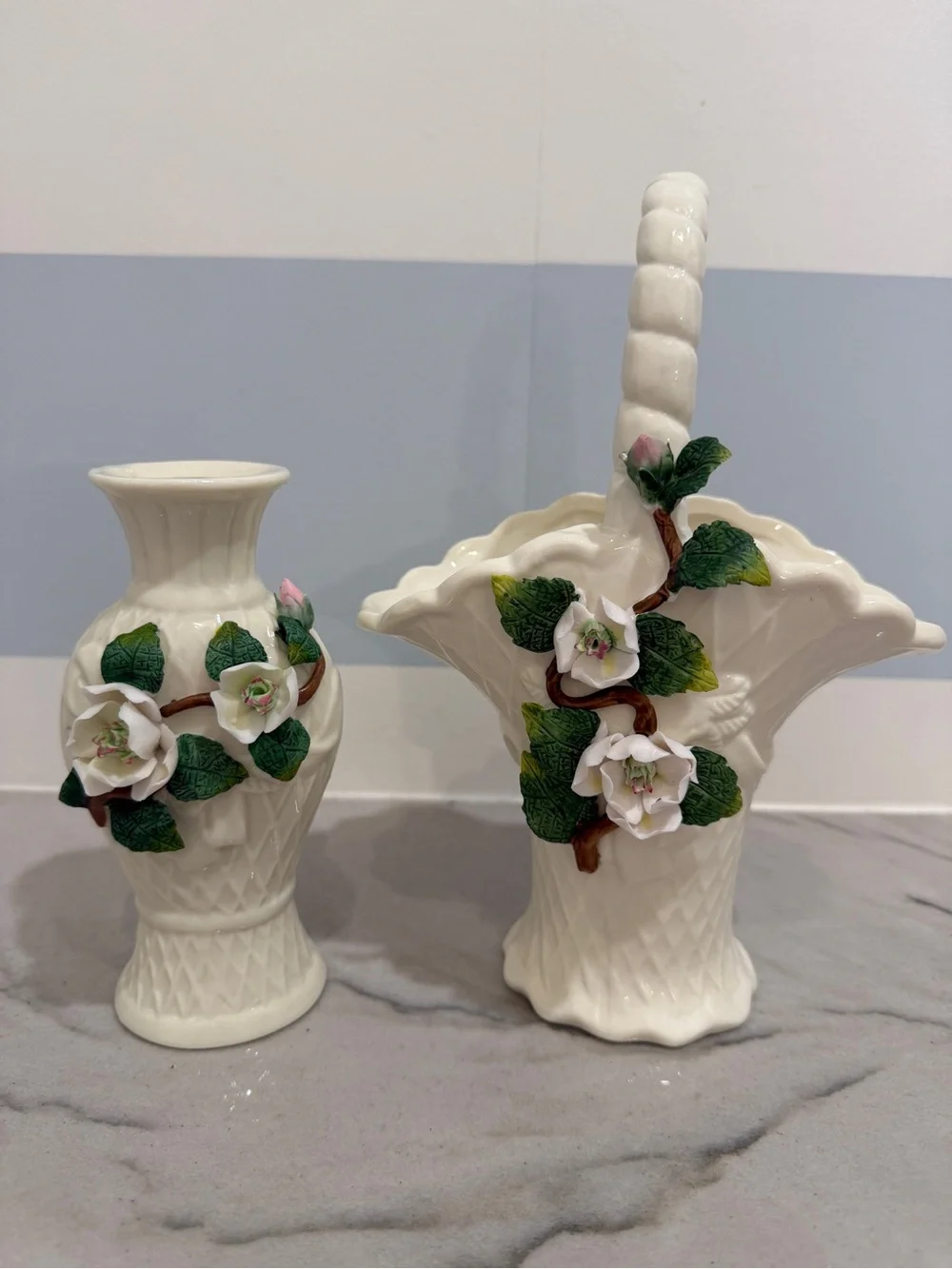Porcelain White Floral Ceramic Vase and Basket Set